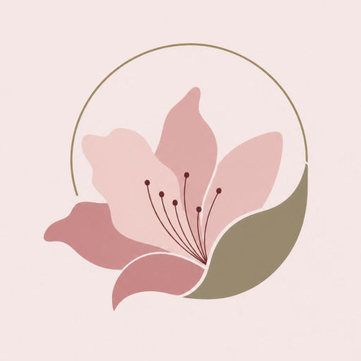 Logo Azalea Events. Esta compuesto por una azalea rosa, acompañada de una hoja verde de la que sale un arco.